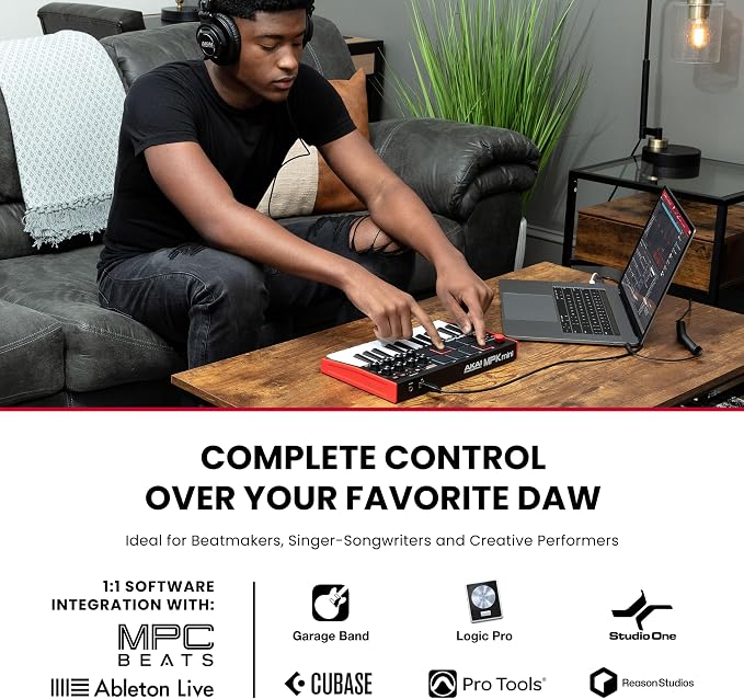 Akai Professional MPK Mini MK3 25 Key USB MIDI Keyboard Controller With 8 Backlit Drum Pads, 8 Knobs, Music Production Software and Native Instruments Sound Package (NKS Integration)