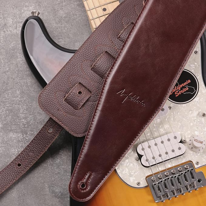 Nefelibata 3.8" Wide Guitar Strap, Full Grain Italian Leather Adjustable Guitar Straps with Foam Padding for Bass, Electric, and Acoustic Guitars