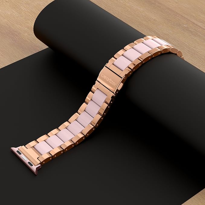 Wearlizer Compatible with Apple Watch Band 42/44/45/46/49mm Fashion Wristbands Women Stainless Steel + Resin Replacement Metal for iWatch Series 11 10 9 8 7 6 5 4 3 SE/Ultra 3 2 1-Dark Rose Gold+Pink