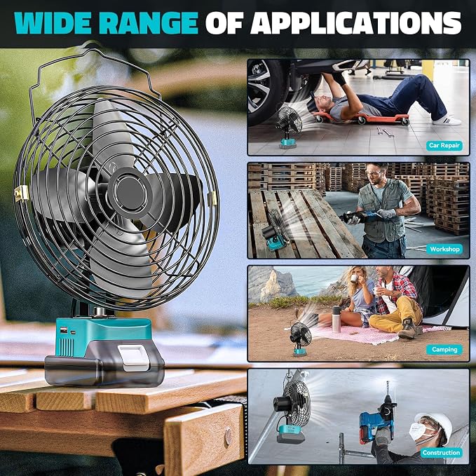 Ecarke 8 Inch Cordless Jobsite Fan Compatible with Makita 18V (Tool Only) 2-Speed Powerful Cooling Fans Portable Battery Fans for Garage Construction Jobsite Camping Fan
