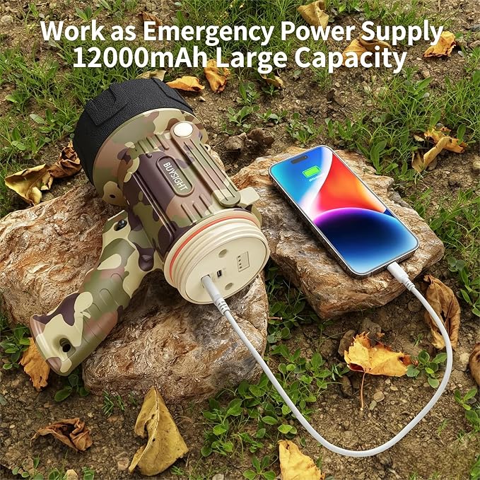 BUYSIGHT Rechargeable Spotlight Flashlight, TURE 1600 high lumens Hand held Spotlight Waterproof Flashlight Hunting floodlight with red Filter(Camouflage Gray-COB)