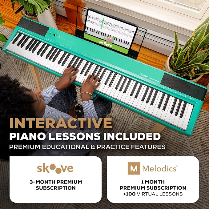 Alesis Recital Home Digital Piano with 88 Hammer Action Weighted Keys, Stand, Pedals and Lessons, Turquoise