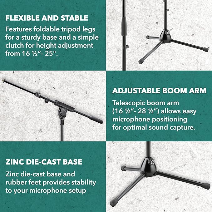 K&M König & Meyer 25977.500.55 Microphone Stand - Adjustable Telescoping 2-Piece Boom Arm - Shorter Low-Level Height with Folding Leg Base - Professional Grade - German Made - Black