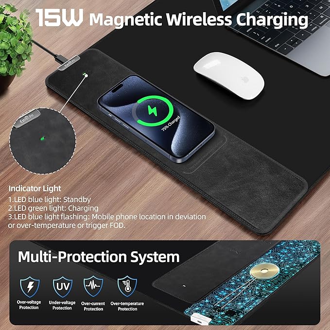 ExtreLife Wireless Charging Mouse Pad, Gaming Mouse Pad with Ultra-Smooth Surface, 31.5”x15.75” Large Desk Mat, Non-Slip Rubber Base, Waterproof Computer Keyboard Pad for Gaming, MacBook, Laptop, Desk