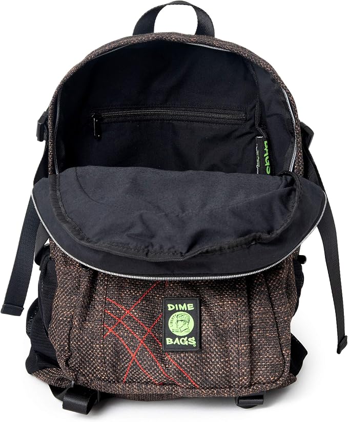 DIME BAGS Backpack For Travel & School, Durable Hempster Material, 9 Storage Compartments & 2 Side Bottle Pockets, Fits 17” Laptop, Adjustable Padded Straps, Hidden Internal Pocket (Earth)
