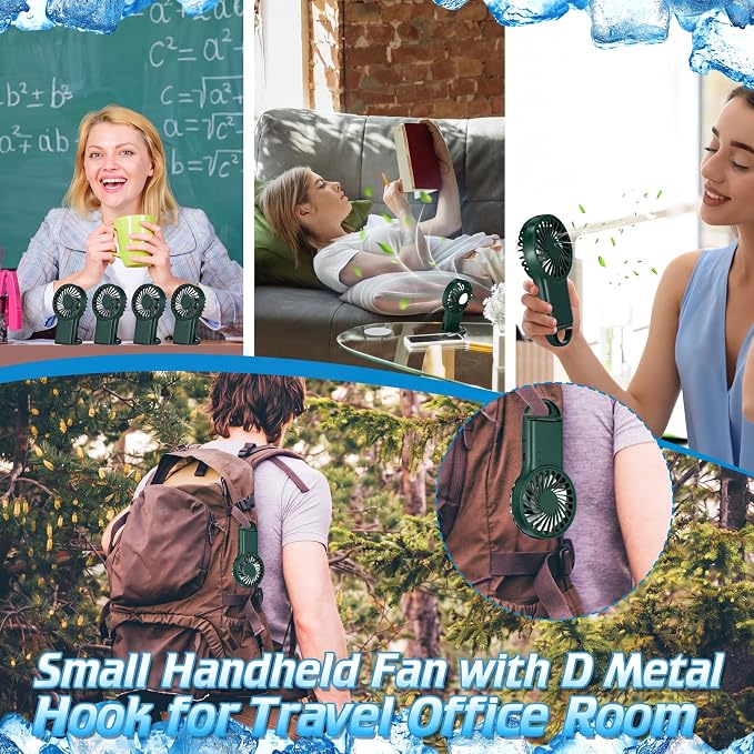 VIHOSE 4 Pcs Portable Hanging Fan, 3 Speeds Personal Rechargeable Desk Hand Held Small Fan with D Metal Hook for Cooling Small Personal Hands Outdoor Travel (Dark Green)