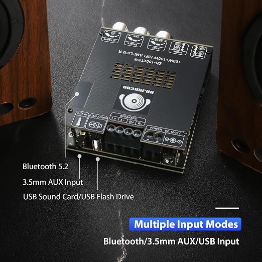 ZK-1002T Max 100W+100W Power Amplifier Board, 2.0 Channel Audio Power Amplifier,TPA3221 Chip with Bluetooth/AUX/USB Input Mode Selection Toggle Switch