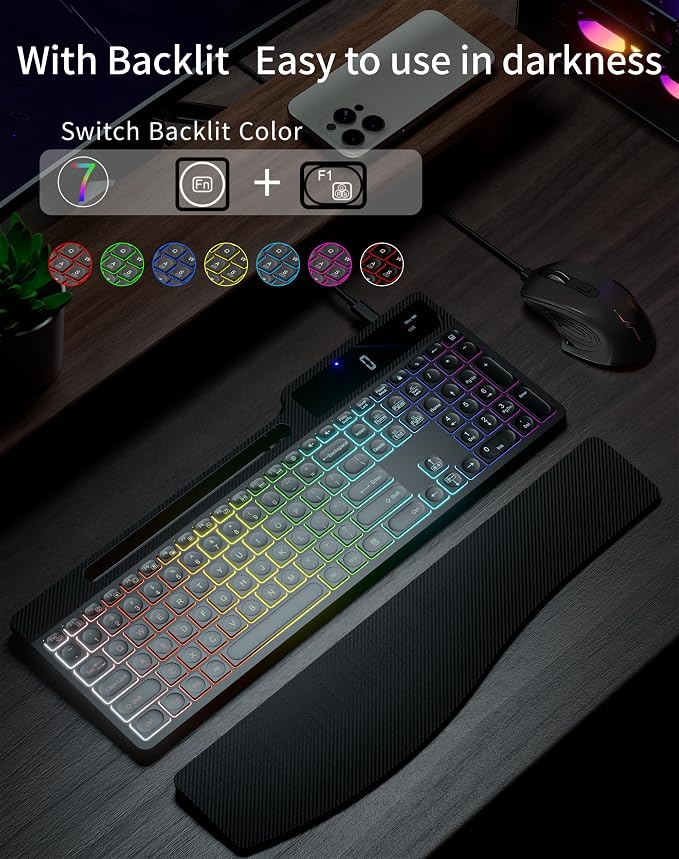 Wireless Keyboard Mouse Combo, Full Size Quiet Ergonomic Keyboard with Calculator, Backlit, Wrist Rest, Phone Holder, 2.4Ghz Silent Rechargeable Keyboard & Mouse for Laptop, PC, Windows (Black)