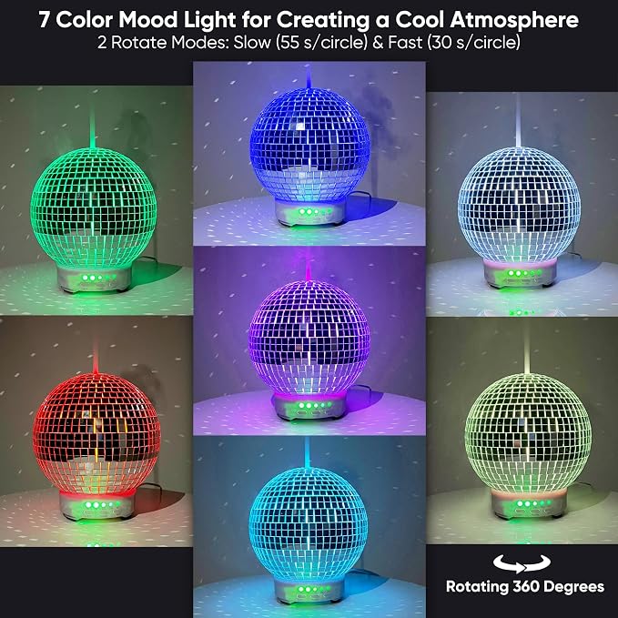 SCANDINORDICA Disco Ball Diffuser Rotating - 300ML Essential Oil Diffuser with Whisper Quiet Operation, 7 Color Night Light & 4 Time Settings | Aromatherapy Diffuser for Large Room Silver