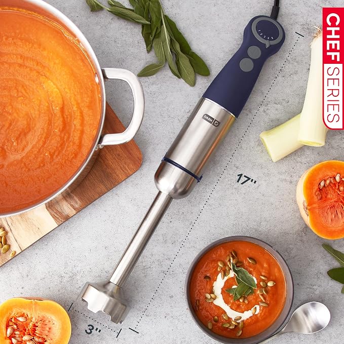 Dash Chef Series Deluxe Immersion Hand Blender Set, 5 Speed, 330W with Food Processor, Whisk, Masher and Dough Hook Attachments, Stainless Steel Blades for Soups, Sauces, Smoothies & Purées - Midnight