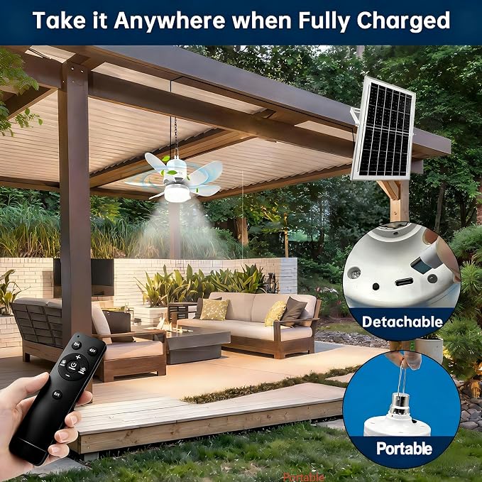 18.1" Solar Ceiling Fan Light with Battery Built-in 10000mAh Powered, Portable Rechargeable Fan with Long Cord Remote Control, Dual Type-C/Solar Charging Hanging for Tent Garage Gazebo Camping Outdoor