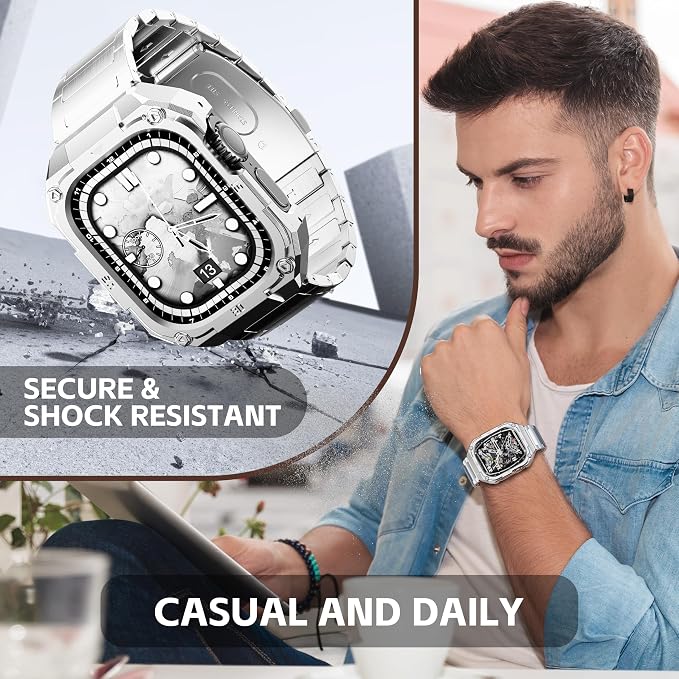 Casual Stainless Steel Band/Case Compatiable for 45mm Apple Watch Band for Men, Rorust Metal Apple Watch Bumper Case Cover with Solid Replacement Strap for iWatch Band Series 9 8 7,Silver