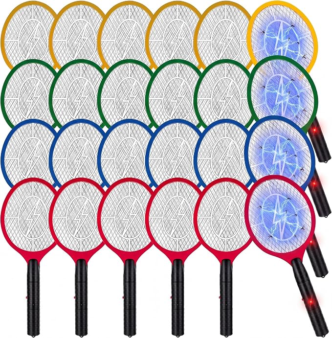24 Pack Electric Fly Swatter Bulk Bug Zapper Rackets for Indoor Outdoor Insect Control Killer Bat Handheld Mosquito Swatter Battery Powered Electric Bug Killer for Home Patio Camping (4 Colors)