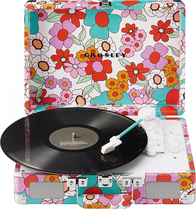 Crosley CR8005F-GF Cruiser Plus Vintage 3-Speed Bluetooth in/Out Suitcase Vinyl Record Player Turntable with Built-in Speakers, Groovy Floral