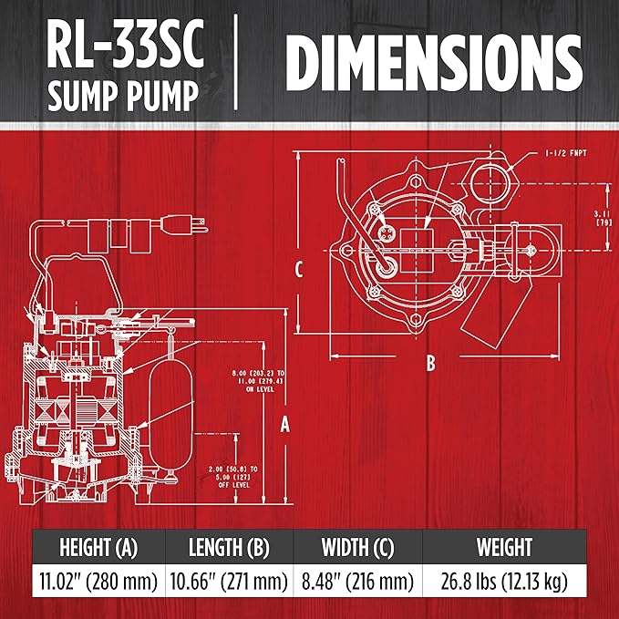 Red Lion RL-33SC 1/3 HP, 115-Volt, 3420 GPH Cast Iron Sump/Effluent Pump with Snap-Action Float Switch, Red, 14942652