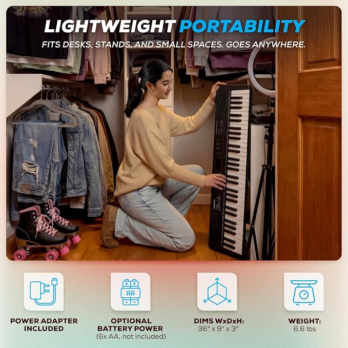 Alesis Teacher's Choice 61 Portable Keyboard Piano for Beginners with 61 Light Up Keys, 300 Sounds, Speakers, Tablet Stand and Skoove Music Lessons