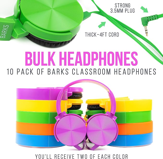 Barks Classroom Headphones Bulk 10 Pack (Select Color, On-Ear, Wired 3.5mm) | Durable Everyday Student Use, Colorful Class Set, Tangle-Free Cords, Adjustable Fit All-Day Comfort, Easy Clean, K-12 Schools