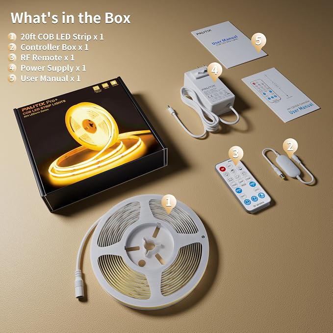 PAUTIX COB LED Strip Light,Amber LED Strip Lights 2000K,DC24V Dimmable 20ft/6.1m High Lumen Tape Light Kit for Cabinet,Painting,Bedroom,Kitchen,with RF Remote Timer Function