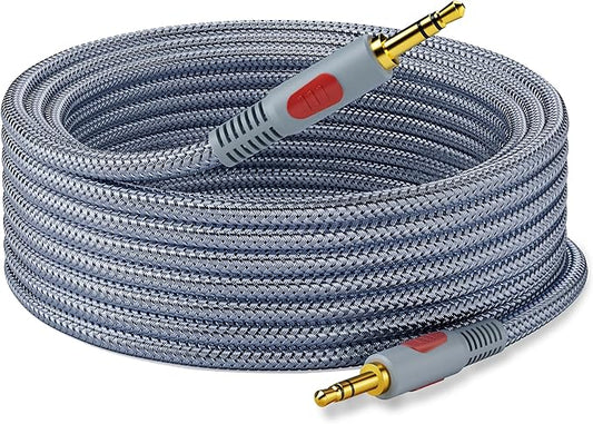 25 Ft 3.5mm AUX Audio Cable, Foil & Braid Shielding, Male to Male Stereo, Compatible with Headphones, Car, iPhones, iPads, Home Stereos & More