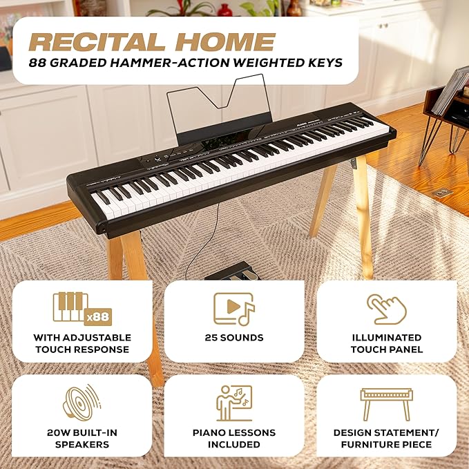 Alesis Recital Home Digital Piano with 88 Hammer Action Weighted Keys, Stand, Pedals and Lessons, Black