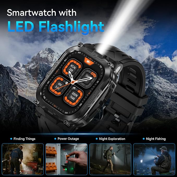 AMAZTIM Smart Watch for Men, 130 Days Extra-Long Battery, 1.96" Full Metal Rugged Military Watch, 50M Waterproof, Flashlight, 24/7 Heart Rate Sleep Monitor, Answer/Dial Calls, for Android & iOS