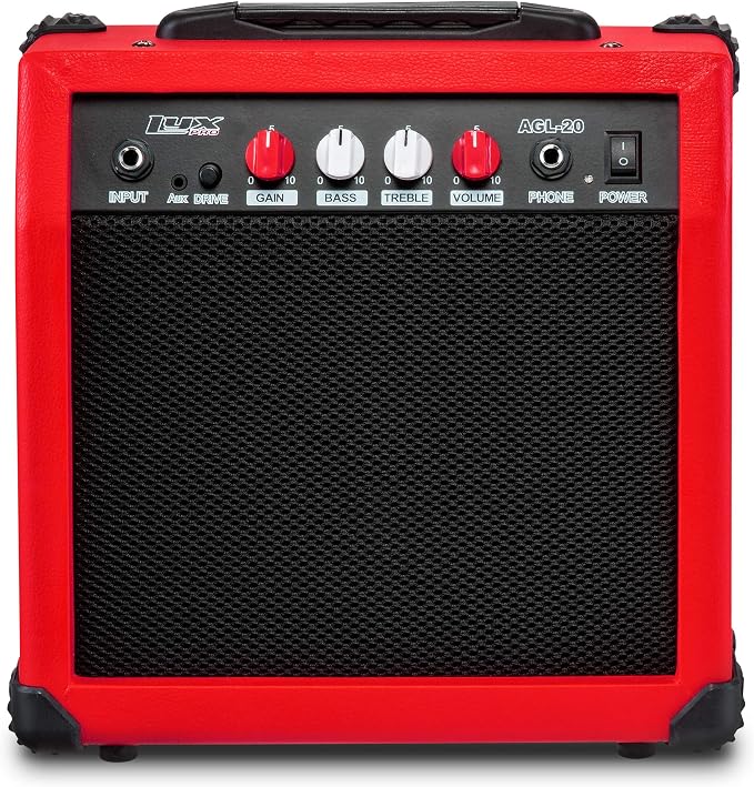 LyxPro Electric Guitar Amp 20 Watt Amplifier Built in Speaker Headphone Jack and Aux Input Includes Gain Bass Treble Volume and Grind - Red