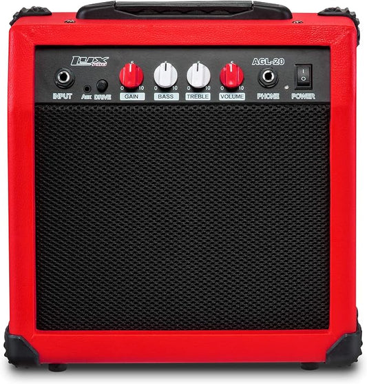 LyxPro Electric Guitar Amp 20 Watt Amplifier Built in Speaker Headphone Jack and Aux Input Includes Gain Bass Treble Volume and Grind - Red