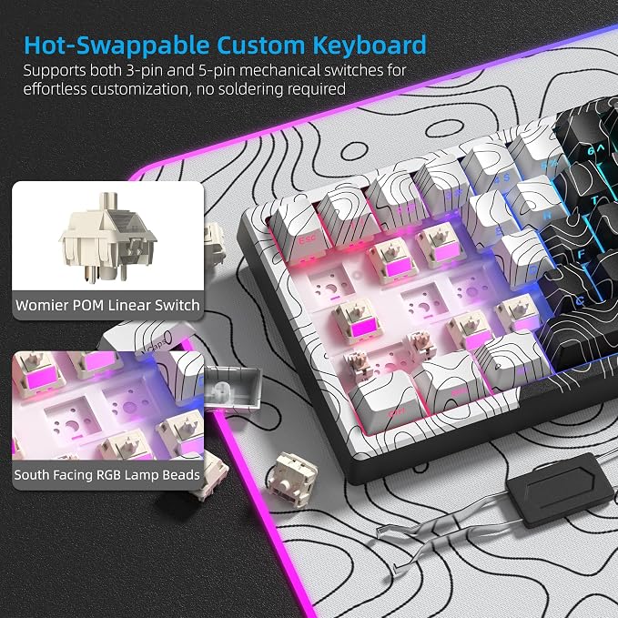 Womier Wireless Gaming Keyboard 60 Percent with QMK/VIA, Topographic Creamy Mechanical Key Board, RGB Custom Gasket Hot Swappable for Windows & Mac-POM Linear Switch (Q61 V2)