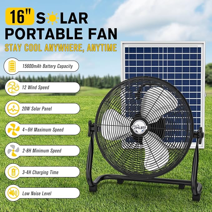 16" Solar Powered Fan with 20W Solar Panel & Rechargeable Battery, Portable, Quiet 12 Speed, 360° Tilt Head for Outside, Camping, Travel, Greenhouse, Chicken Coop, Patio, gazebo (Black)