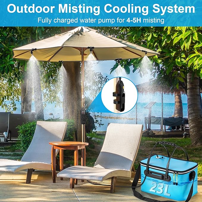 6 Gallon Portable Misting System, 30 FT Cooling Misters with Water Mister Pump Foldable Bucket 8 Mist Nozzles for Outdoor Patios, Golf Carts, Greenhouse, Canopy, Camping, Hiking(Blue)