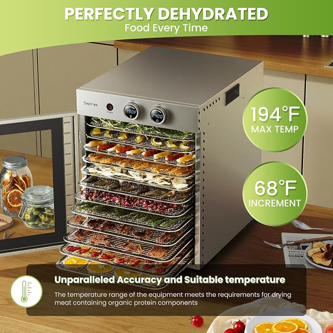 Food Dehydrators Machine with 12 Stainless Steel Trays with Timer Setting Temperature Adjusted 68 ℉ to 194 ℉ Dryer for Herb Fruit Meat Vegetables Mushroom Beef for Commercial Household Pitch Black