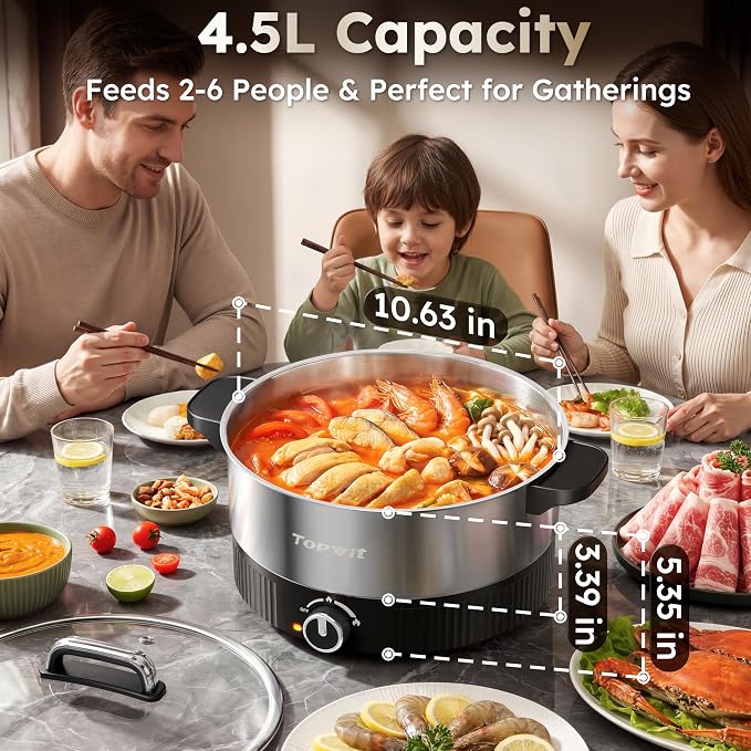 TOPWIT 4.5L Hot Pot Electric, Stainless Steel Electric Pot with Dual Power Setting, 1200W Fast Heating Electric Hot Pot for Cooking Hotpot, Soup, Pasta, Perfect for Family Dinner & Party, Black