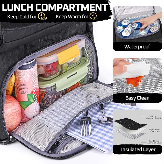 MOZETO Laptop Lunch Backpack for Men, Tactical Inspired Utility Anti-Theft Work Bag with Cooler Compartment Lunchbox (Black, 18 Inch)