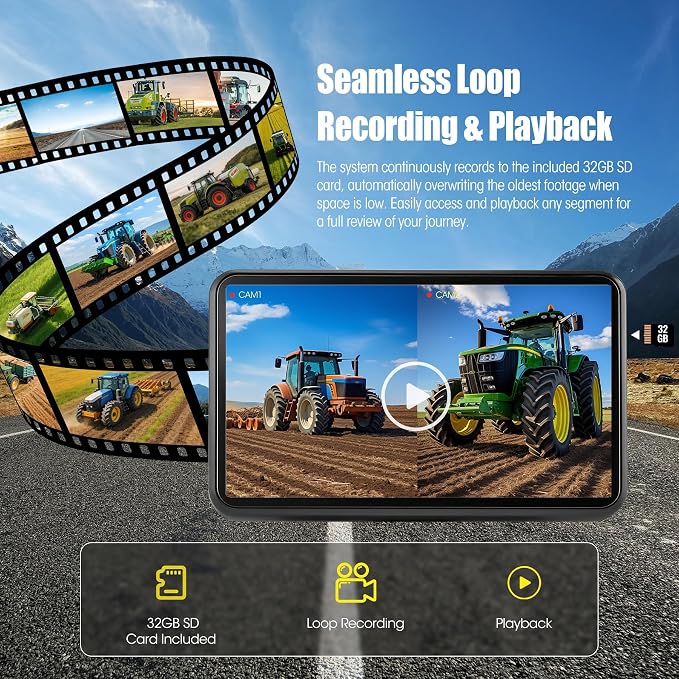 10.1" DVR IPS Touchscreen & 2 AHD Wired Backup Cameras, IP69K Water/Dust Proof Rear Camera, 1080P Quad Split Screen & 20G Vibration-Proof Camera for Hitching, Farm Work, UTV, Tractor, Trailer