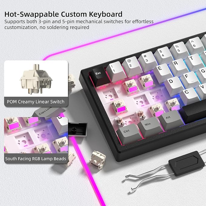 Womier Wireless 60% Gaming Keyboard with CNC Knob, QMK/VIA Creamy Mechanical Keyboard, Tri-Mode Thocky Custom Black White Key Board, Hot Swappable Gasket Mount RGB for Win/Mac(Q61 V2)