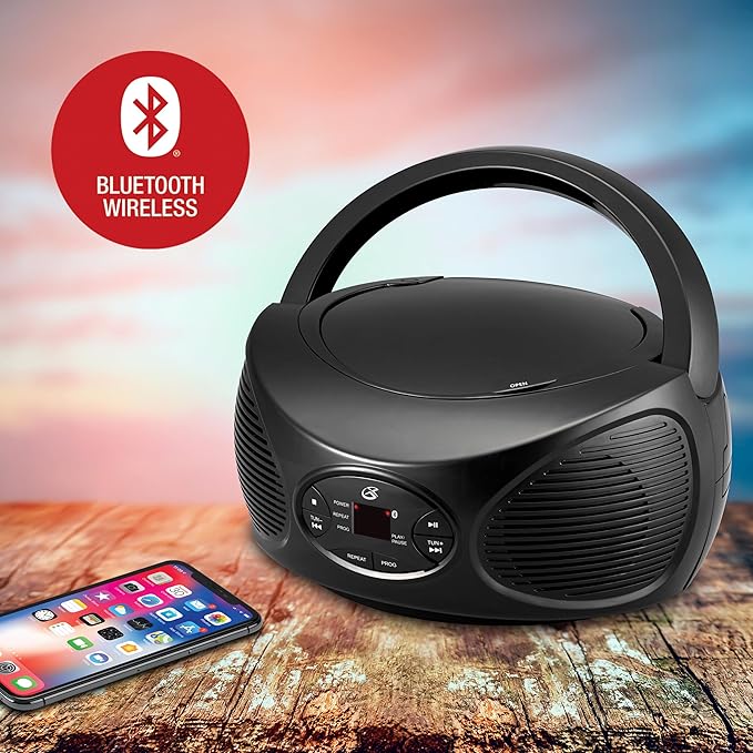 GPX Portable Bluetooth FM Radio Boombox and CD Player, Black (BCB119B)