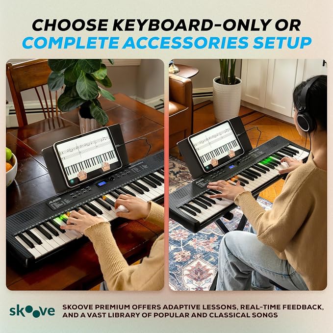 Alesis Teacher's Choice 61 Portable Keyboard Piano for Beginners with 61 Light Up Keys, 300 Sounds, Speakers, Tablet Stand and Skoove Music Lessons