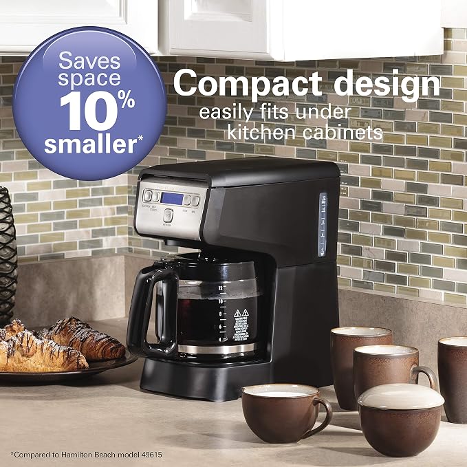 Hamiton Beach 12 Cup Compact Programmable Drip Coffee Maker with No-Drip Burosilicate Glass Carafe, 2-Hour Auto Shutoff, Space-Saving Design, Black with Stainless Steel Accents (46200)