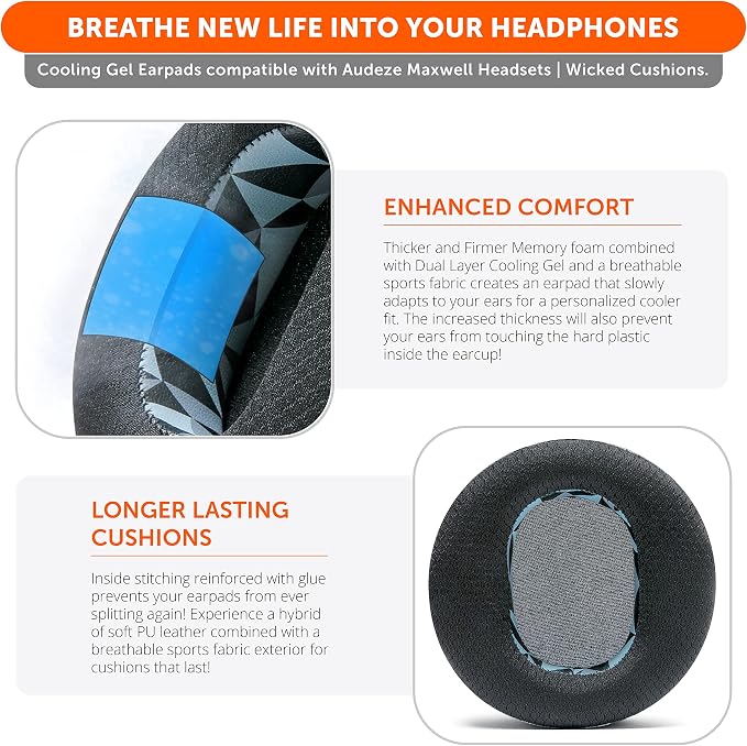 WC Freeze Maxwell - Cooling Gel Replacement Earpads for Audeze Maxwell Headphones by Wicked Cushions - Elevate Comfort, Durability, Thickness & Sound Isolation for Epic Gaming Sessions | Geo Grey