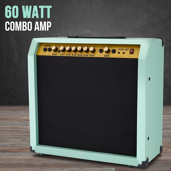 LyxPro 60 Watt Electric Guitar Amplifier | Combo Solid State Studio & Stage Amp with 10” 4-Ohm Speaker, Custom EQ Controls, Drive, Delay, ¼” Passive/Active/Mic Inputs, Aux In & Headphone Jack - Green