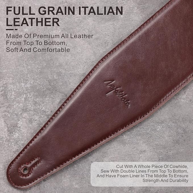 Nefelibata 3.8" Wide Guitar Strap, Full Grain Italian Leather Adjustable Guitar Straps with Foam Padding for Bass, Electric, and Acoustic Guitars