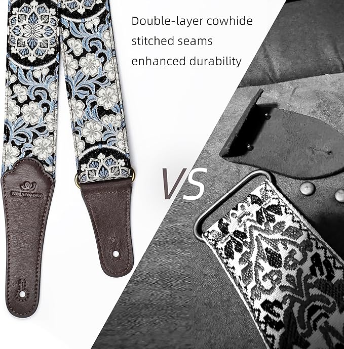 Guitar Strap, Electric& Acoustic Bass Guitar Straps,Embroidered Filament with Head Cowhide Leather Strap, with Free Strap Button,2 Guitar Strap Locks，4Guitar Pick (Gold Water Pattern)