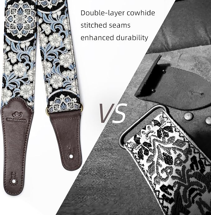 Guitar Strap, Electric& Acoustic Bass Guitar Straps,Embroidered Filament with Head Cowhide Leather Strap, with Free Strap Button,2 Guitar Strap Locks，4Guitar Pick (Blue floral print)