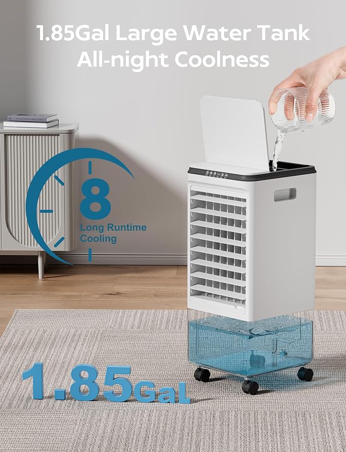 Portable Air Conditioners, 3-IN-1 Evaporative Air Cooler, Swamp Coolers w/ 3Ice Pack, 1.85 Gal Water Tank, 4 Modes, 80° Oscillation, 7H Timer, Portable Ac for Bedroom, Room Pearl
