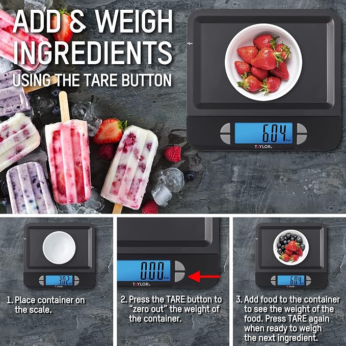Taylor USB Rechargeable Digital Kitchen and Food Scale, 11 pound capacity with Dishwasher Safe Tray, Cord Included