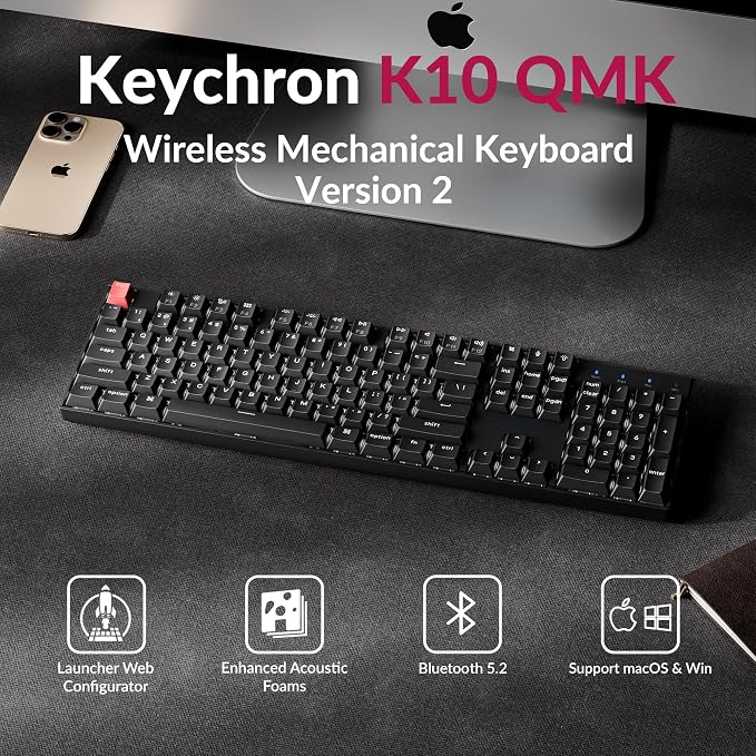 Keychron K10 Version 2 Full Size 104 Keys Bluetooth Wireless Mechanical Gaming Keyboard for Mac Windows Super Brown Switch White LED Backlight/USB C Wired Computer Keyboard