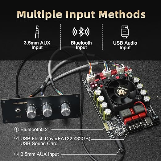 T220HS-W Power Amplifier Board 2.0 Channel 220W×2 with Treble and Bass, 12V-36V Audio Power Amplifier Module with Front Panel