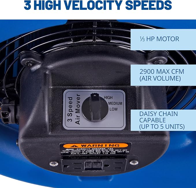 BlueDri Max Storm 35 1/3 HP 2900 CFM Air Mover Blower Floor Fan for Industrial Water Damage Flood Restoration Carpet and Floor Drying Blower Fan, Blue, BD-MS35