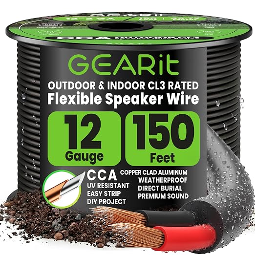 GEARit 12 Gauge Speaker Wire Cable,12 Gauge Wire CL3 Rated 150ft,Audio Cable with Red/Black Color Coded,Outdoor Speaker Wires for Home,Car,Outdoor,Patio,Garden,In-Wall,Backyard,CCA(Black,2-Conductors)