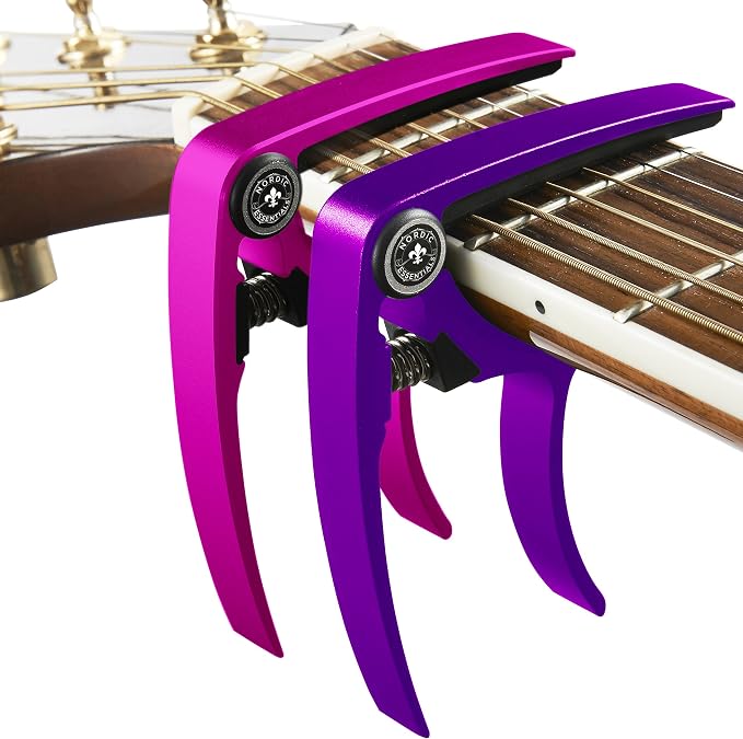 Guitar Capo (2 Pack) for Acoustic Guitars, Ukulele, Banjo, Mandolin, Bass - Made of Ultra Lightweight Aluminum Metal (1.2 oz!) for 6 & 12 String Instruments - Nordic Essentials (Pink+Purple)